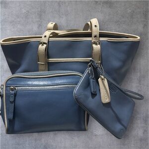 Coach Blue and White Leather Tote Set